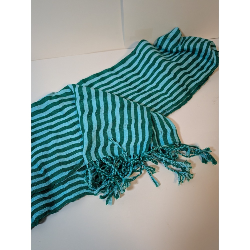 Woven Striped Fringe Scarf Green Blue Textured Lightweight Wrap Tassel Trim